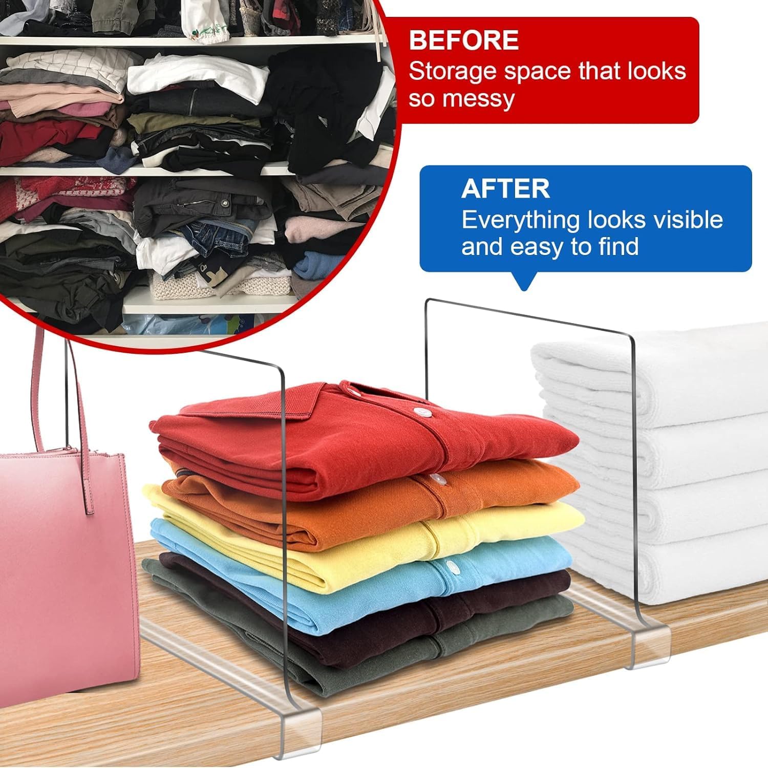 Skiennix 12-Inch Clear Shelf Dividers - Extra Tall Closet Organizers | 6-Pack Acrylic Purse Storage