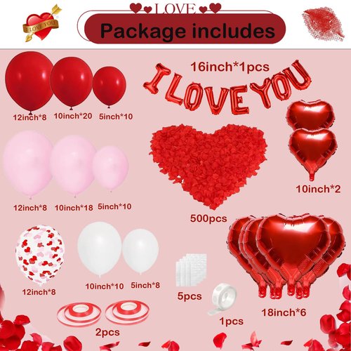 Yumiche 617PCS Valentines Balloon Arch, I Love You Balloon, Red Pink White Heart Balloon And Rose Petals For Valentines Day Wedding Engagement Anniversary Romantic Decorations Special Night