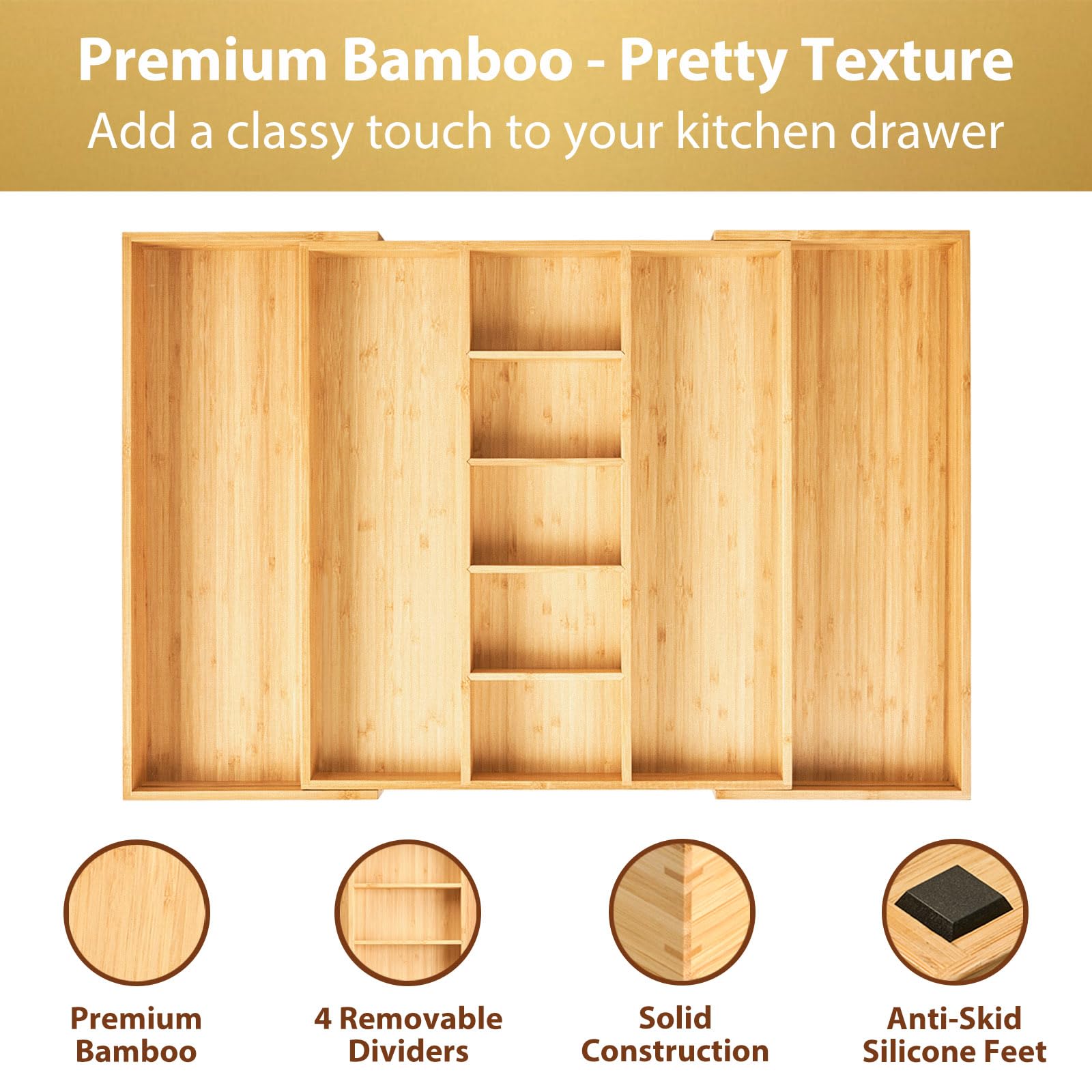 Umilife Extra Large Expandable Kitchen Drawer Organizer for Utensil and Junk, 19" Deep for Big Drawer, 17" to 28" Adjustable Bamboo Wood Drawer Divider, Cutlery Tray, Flatware Holder
