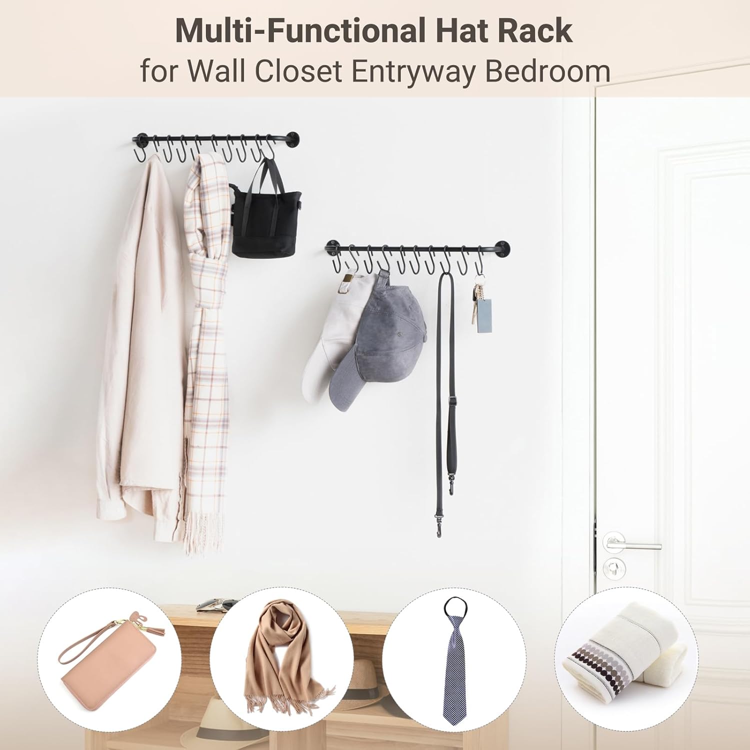 Mkono Hat Rack - Modern Wall-Mounted Baseball Cap Organizer with 20 Hooks | Set of 2 Black