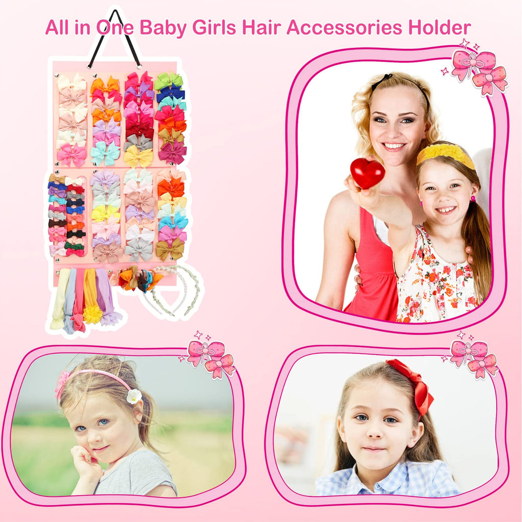 Vimiv Hair Bows Holder & Organizer w/Large Capacity, 16 Ribbons,Bows Organizer, Baby Hair Accessory Storage Display with Sturdy Rope, Wall Hanging for Girl Room & Nursery Decor