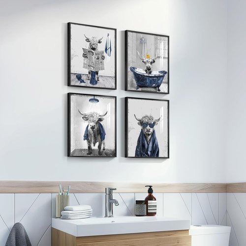 Highland Cow Wall Art - 4 Piece Funny Bathroom Decor | Cute Cow Prints for Restroom & Washroom