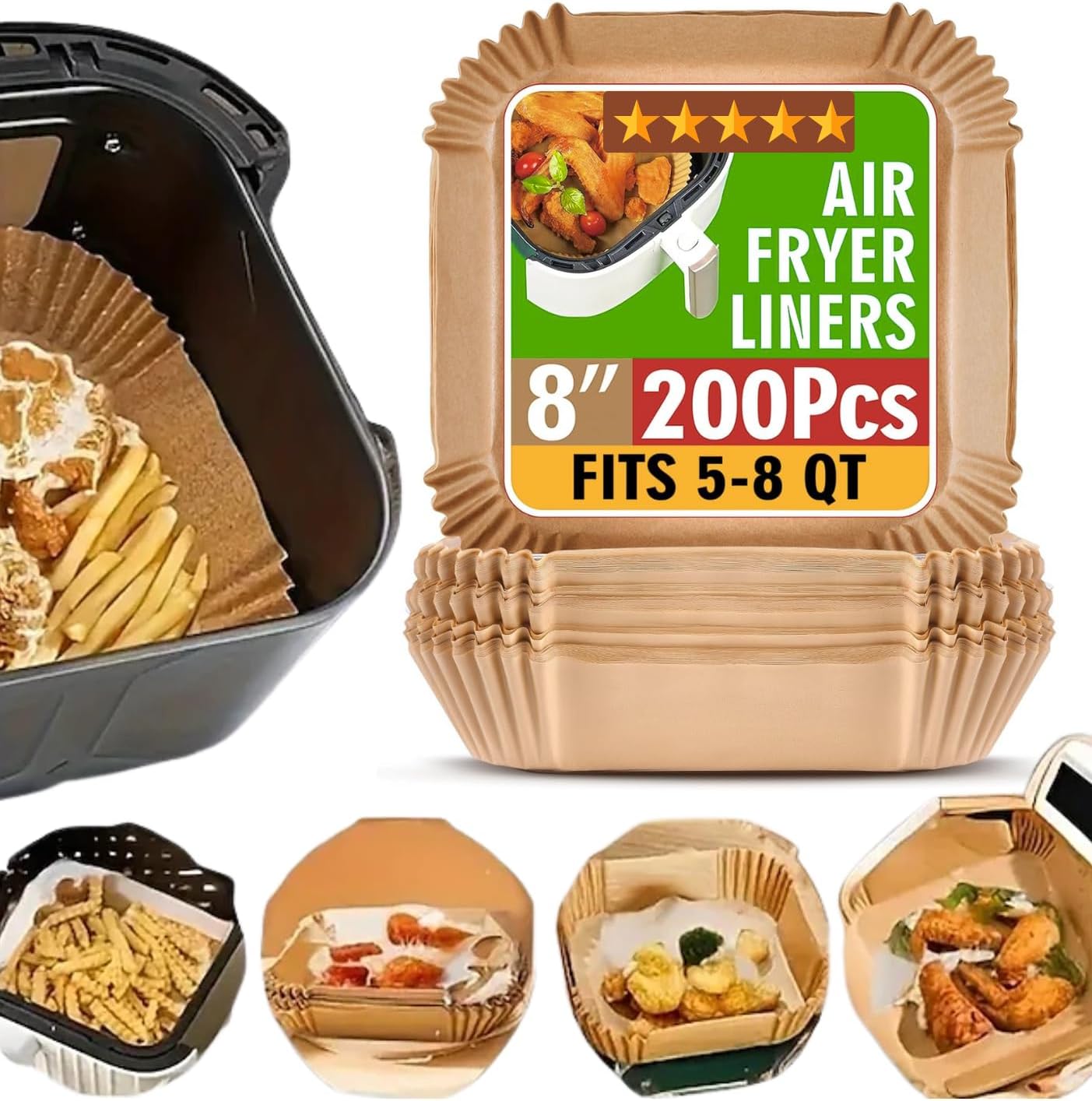 Skiennix Air Fryer Paper Liners - 200 Pcs Non-Stick & Leak-Proof 8" Square Parchment Liners