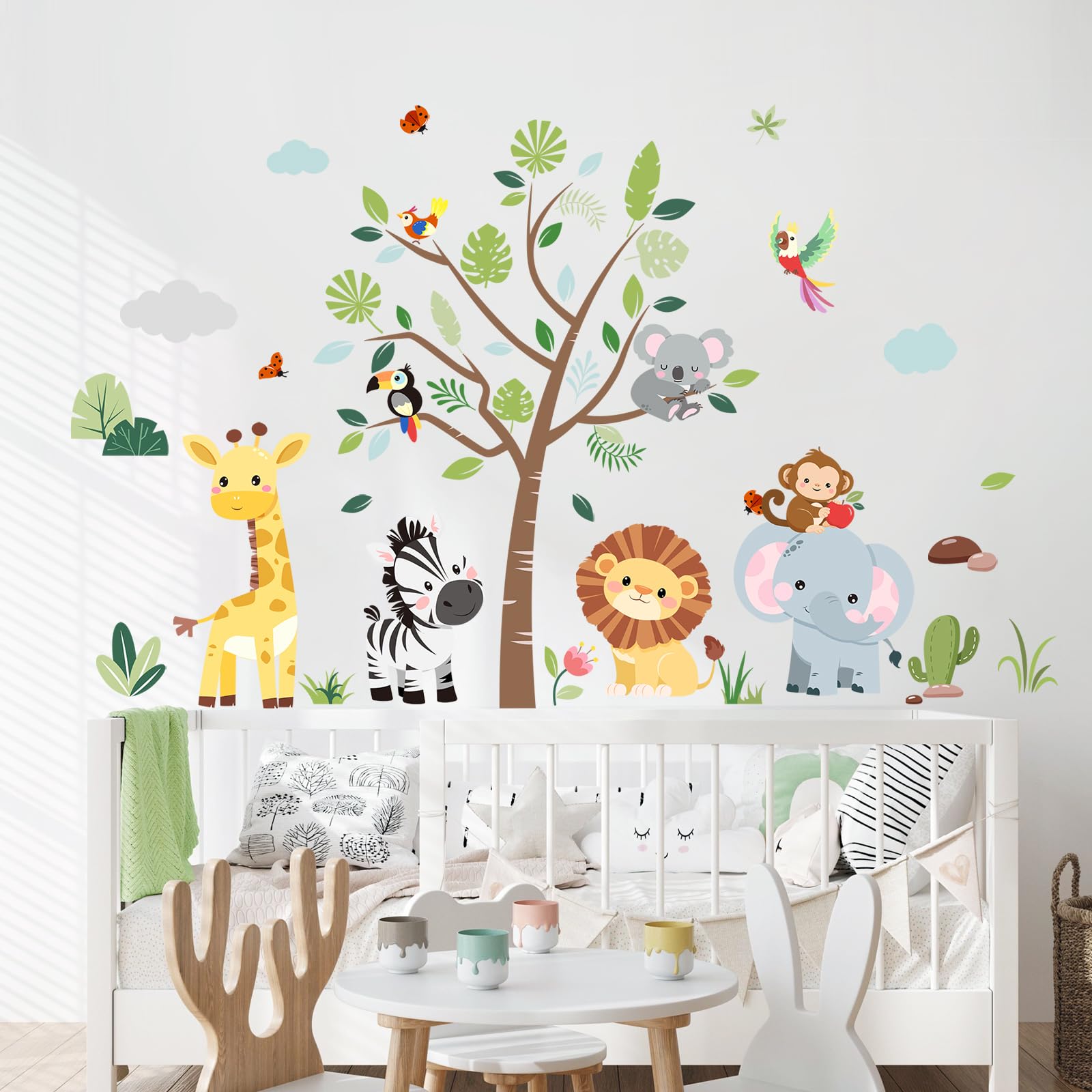 Supzone Jungle Animals Tree Wall Decals Safari Elephant Giraffe Lion Zebra Wall Stickers for Kids Toddlers Bedroom Living Room Baby Nursery Wall Decor