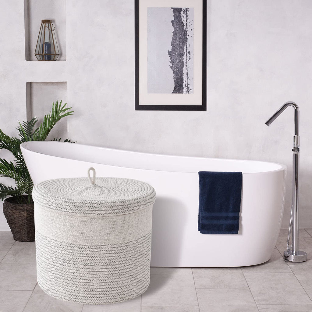 Tegance Blanket Basket with Lid, 16"D x 14"H Large Woven Rope Basket Laundry Basket Baby Toy Storage Basket Hamper Decorative Nursery Bin for Living Room Bedroom with Handles