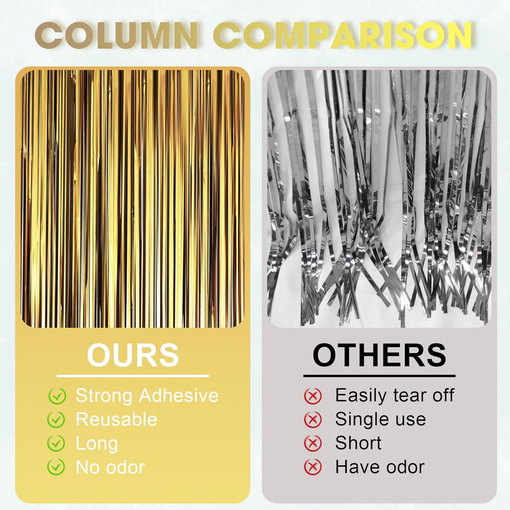 Voircoloria Matte Dark Gold Foil Fringe Backdrop Curtains - 3 Pack Tinsel Streamers for Parties & Events