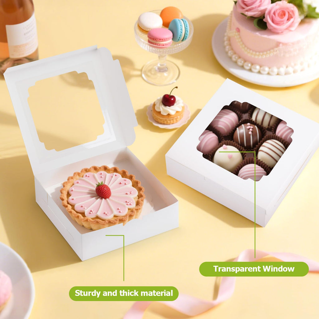 YODYZJ 20-Pack Bakery Boxes with Window, 8"x8"x2.5" White Treat Boxes for Dessert, Cookie, Chocolate Strawberry, Donut and Pastry
