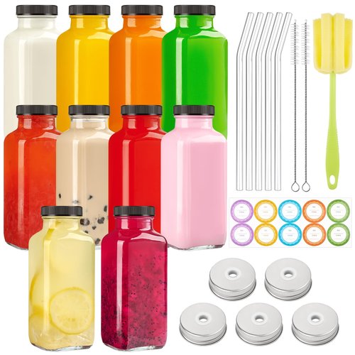 TUZAZO 10 Pack 12 Oz Glass Juice Bottles with Lids, Reusable Travel Drinking Jars Juice Containers, Glass Bottles for Juicing with Brush, Straws, Lids with Hole