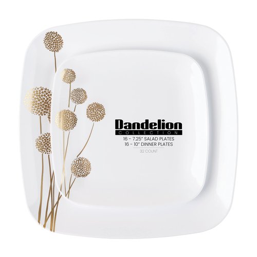 PLASTICPRO Square 128 Piece Combo Plates Set includes 64 x 7'' inch Salad Plates & 64 x 10'' inch Dinner Plates White Plastic with Gold Dandelion Design Party Plates, heavyweight Elegant,