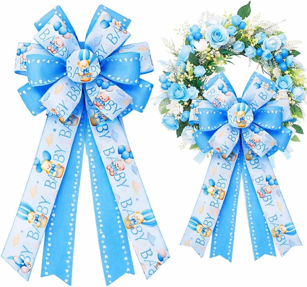 Skiennix Large Baby Shower Bows - 20x11 Inch Baby Blue Decorative Ribbons for Indoor/Outdoor Decor