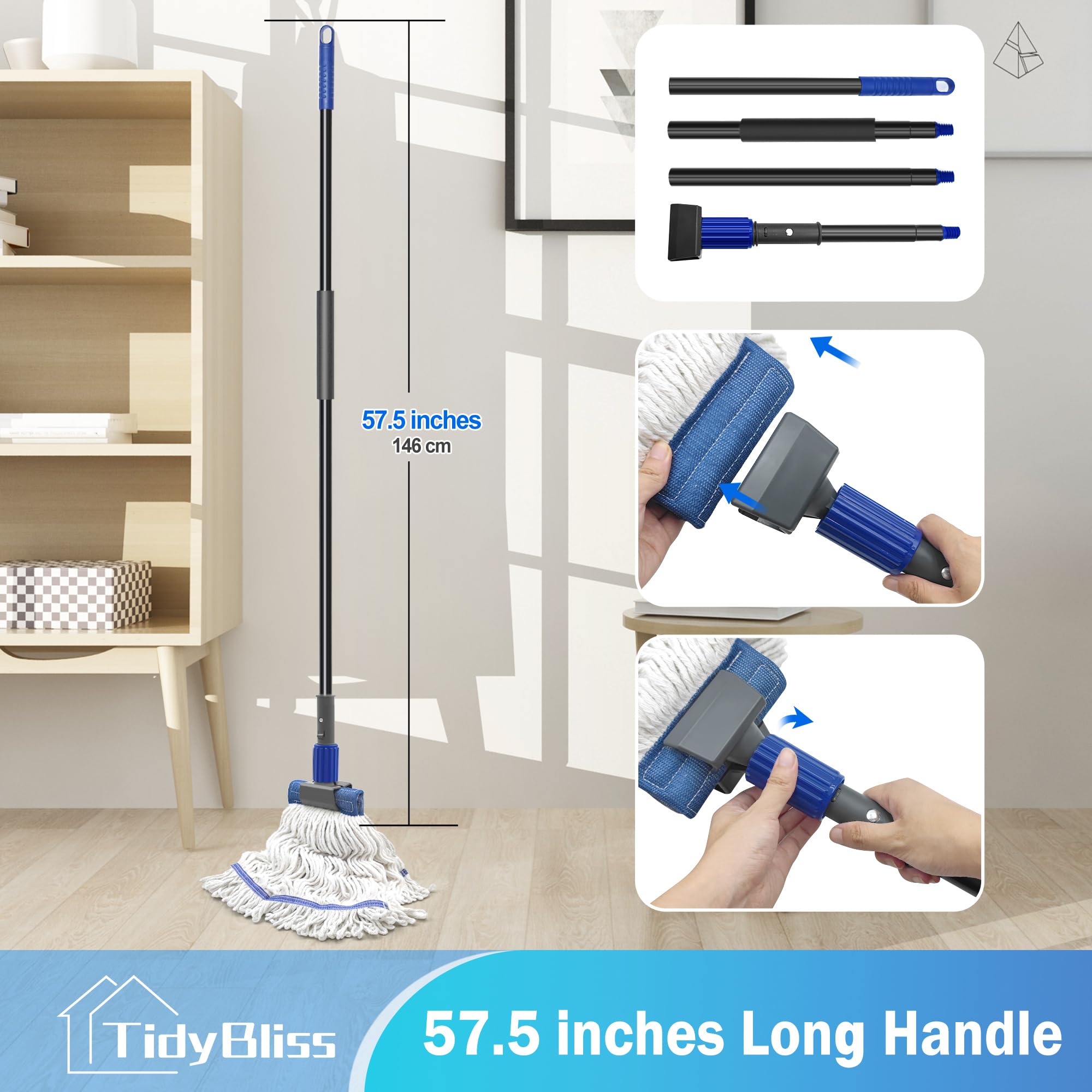 TidyBliss Commercial Mop Heavy Duty, 57.5 inches Long Handle Large Looped-End Industrial String Mop, Professional Dry Wet Cotton Mop for Cleaning Concrete Tile Hardwood Floor Shop Office Garage