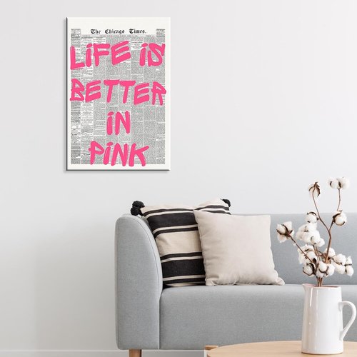 Life Is Better In Pink Canvas Poster - Retro Newspaper Design | Positive Affirmation Art 12x16in Unframed