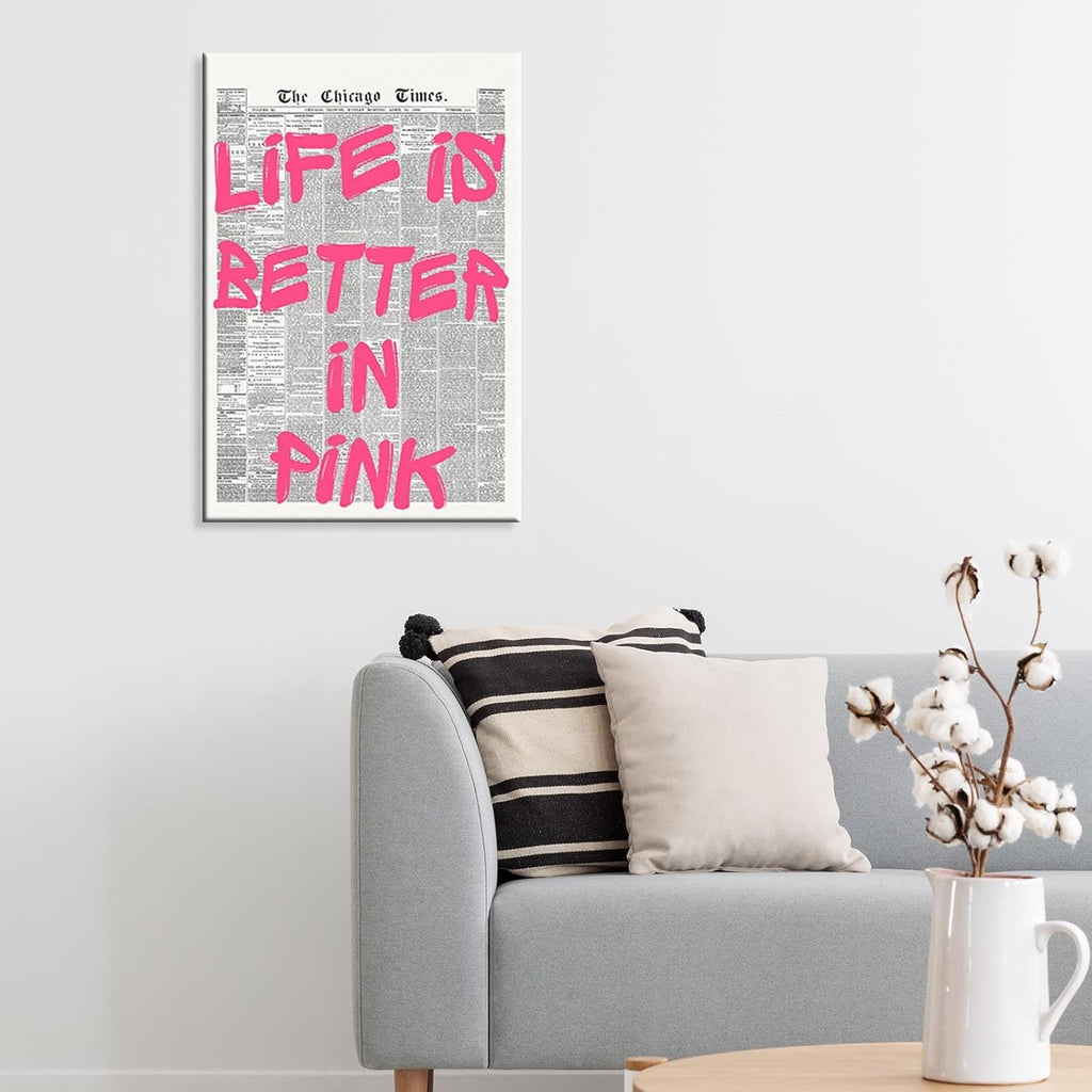 Skiennix Pink Wall Art - Retro Newspaper Canvas Poster with Positive Quote | Minimalist 16x24in Decor