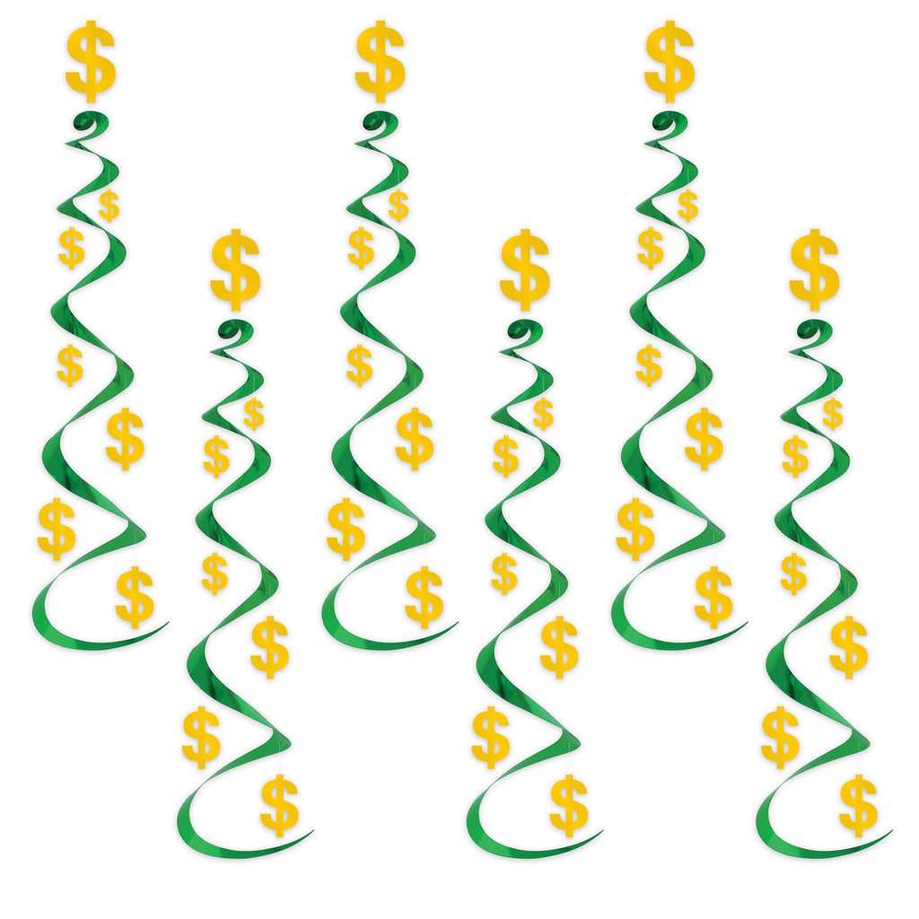 Beistle 6 Piece Dollar Sign Party Decorations, Hanging Spirals Whirls For Casino Theme Décor, Celebrating With You Since 1900