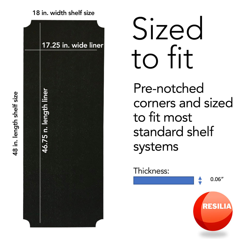 RESILIA Shelf Liner Set for Wire Shelving Rack – 4 Pack, 18 Inch Long x 48 Inch Wide, Black Plastic Vinyl Covers for Kitchen, Pantry, & Garage Racks, Made in The USA
