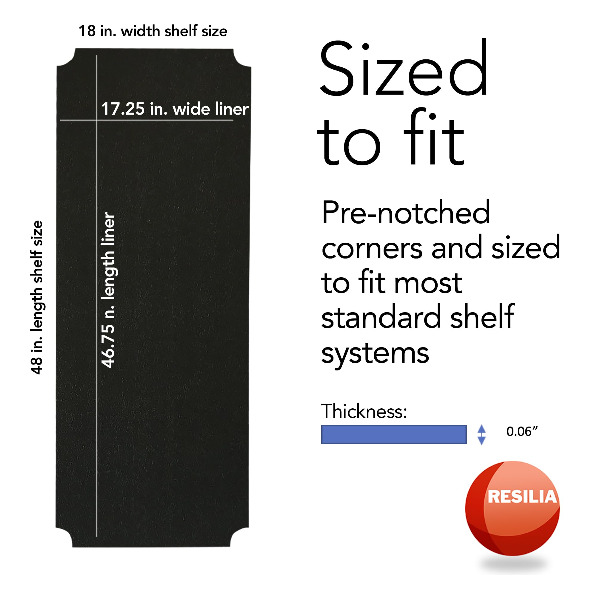 RESILIA Shelf Liner Set for Wire Shelving Rack – 4 Pack, 18 Inch Long x 48 Inch Wide, Black Plastic Vinyl Covers for Kitchen, Pantry, & Garage Racks, Made in The USA