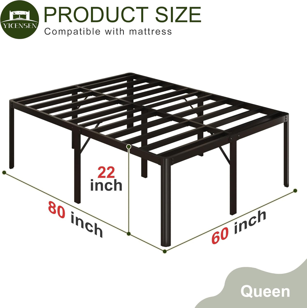 Yicensen Queen Bed Frame - 22 Inch Heavy Duty Metal Platform | Rounded Corners, No Box Spring Needed, Black