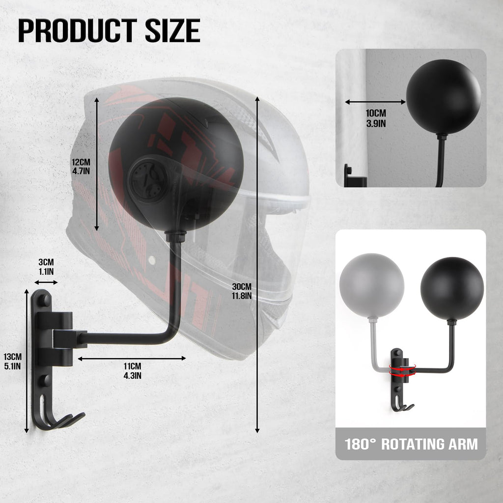 PUERSI Helmet Holder Wall Mount - 2 Pack 180° Rotation Helmet Hanger for Motorcycle Bike Racing Outerwear Sports Gear Display Motorcycle Accessories