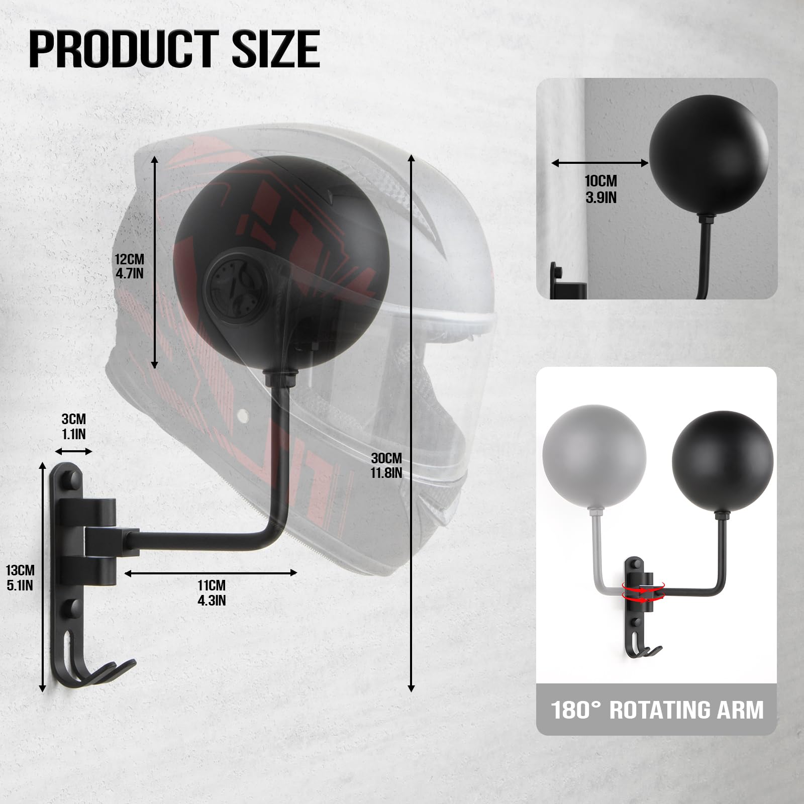 PUERSI Helmet Holder Wall Mount - 2 Pack 180° Rotation Helmet Hanger for Motorcycle Bike Racing Outerwear Sports Gear Display Motorcycle Accessories