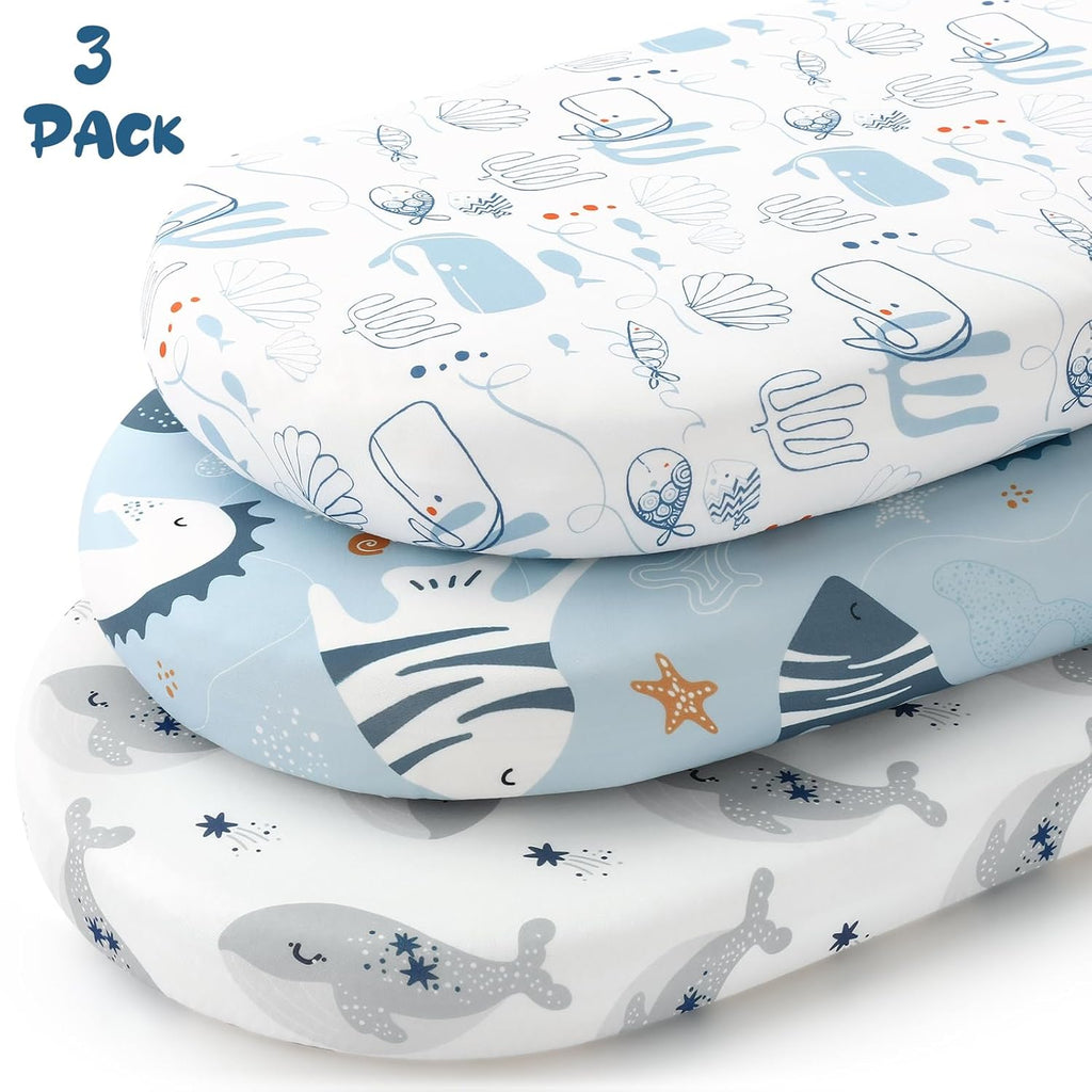 Yoofoss Bassinet Sheets - 3-Pack Fitted Baby Sheets for Halo Bassinest | Soft & Breathable (Blue & Seahorse)