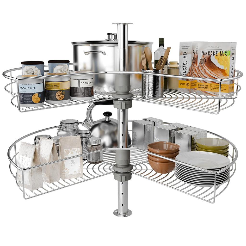 24" Corner Cabinet Turntable, 270° Rotating Basket Adjustable Height Kitchen Shelf Turntable, 2 Tier Rotating Basket 304 Stainless Steel Rotating Storage Rack for Kitchen Corner Cabinets
