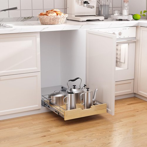 Sikarou Pull Out Cabinet Organizer,Heavy-Duty Slide Out Shelf, Wood And Wire Basket, Pull Out Drawer for for Kitchen Under Sink Space, Pantry, Bathroom (17 * 21 WM)