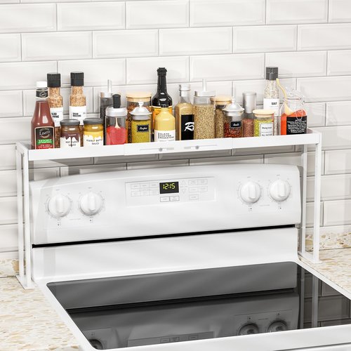 ZDDLOINP Stove Top Shelf for Curved Stove, Expand 27 to 33 Inch Spice Rack, 4 Level Adjustable Height Spice Shelf, Over the Stove Shelf for Back of Stove Spice Rack Organizer for Countertop, White