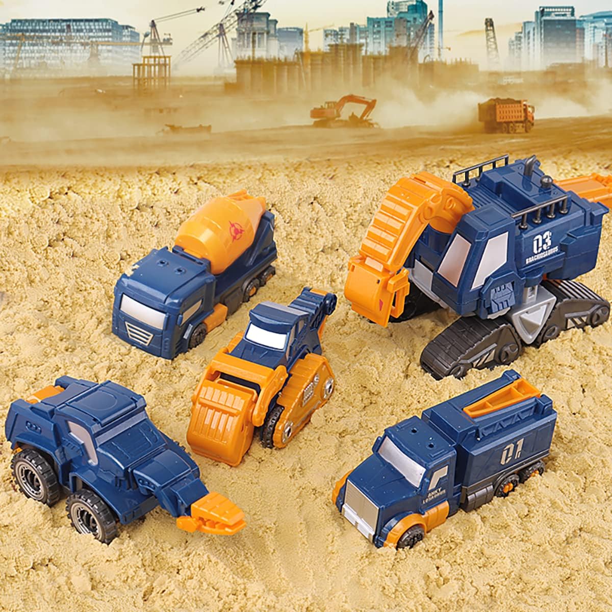 Skiennix Toddler Construction Car Transform Set - 5-Piece Dinosaur Rescue Robot with Magnetic Connectors | DIY STEM Building Trucks for Kids Ages 3-7