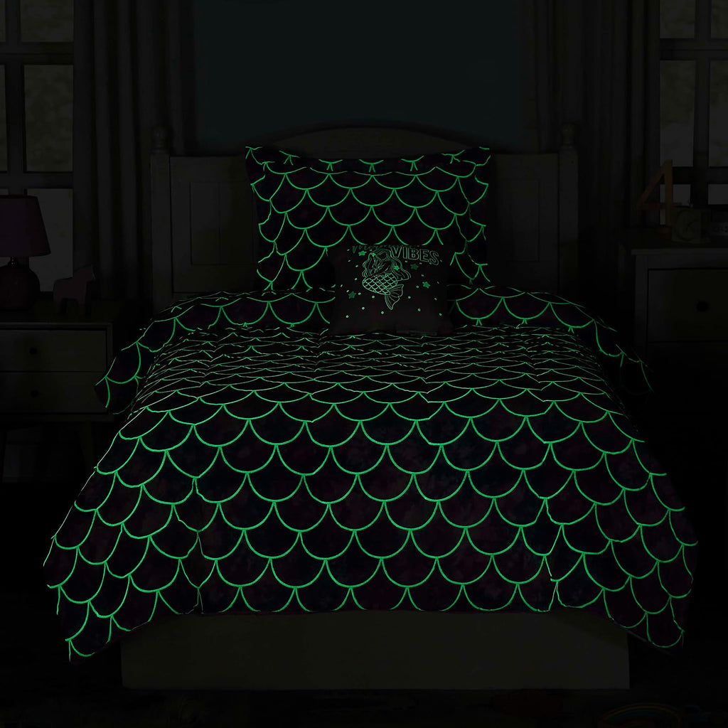 Wink Deer Twin Comforter Set for Girls-3 Pieces Mermaid Glow in the Dark Twin Bedding Sets for Kids,1 Comforter,1 Sham and 1 Decor Pillow
