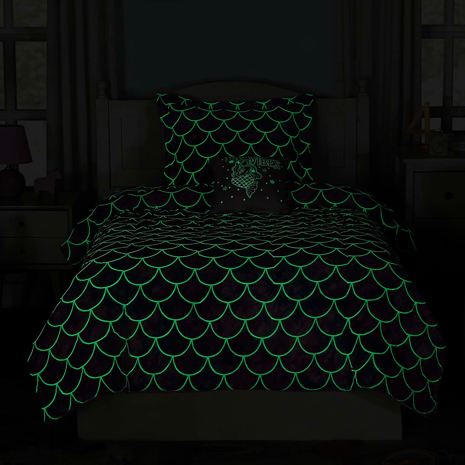 Wink Deer Twin Comforter Set for Girls-3 Pieces Mermaid Glow in the Dark Twin Bedding Sets for Kids,1 Comforter,1 Sham and 1 Decor Pillow