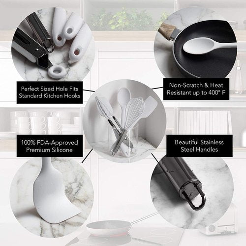 Country Kitchen Silicone Cooking Utensils | Easy-to-Clean Spatula Set for Nonstick Cookware, White