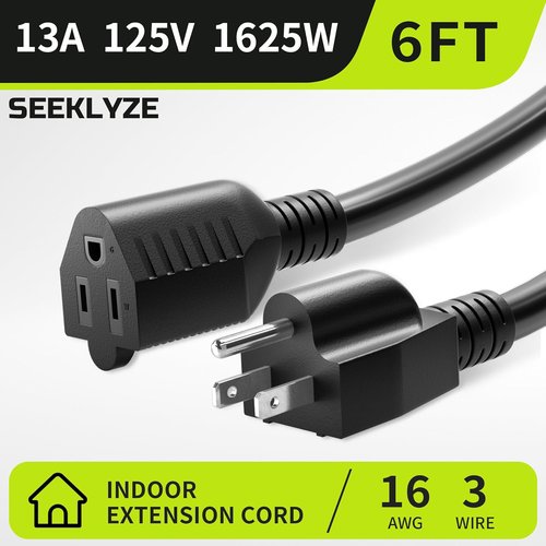 16/3 Black Extension Cord - 6 FT Indoor Short Cable for Laptops & Home Appliances | 3 Prong, ETL Listed