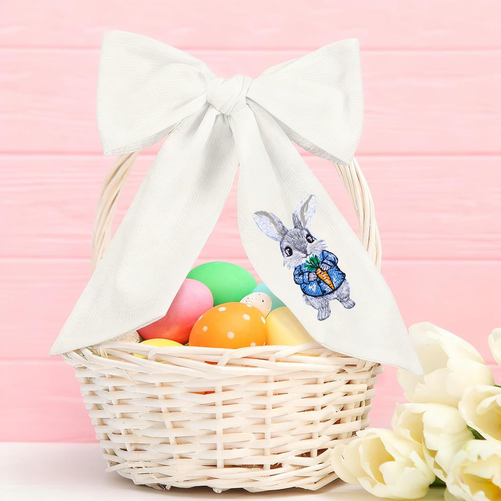 Wavwavw Seersucker Easter Basket - Embroidered Bunny Design with Large Pastel Gift Bow