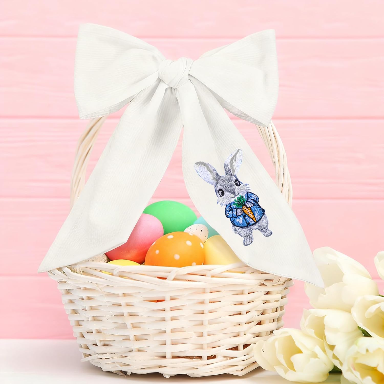 Wavwavw Seersucker Easter Basket - Embroidered Bunny Design with Large Pastel Gift Bow