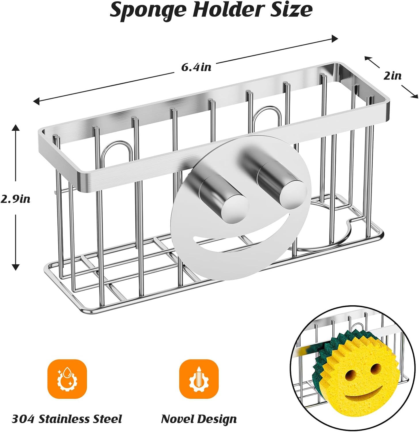 MURLONG Sponge Holder - Smiley Face Sink Caddy with 2 Suction Cups & Adhesive Strips | Silver