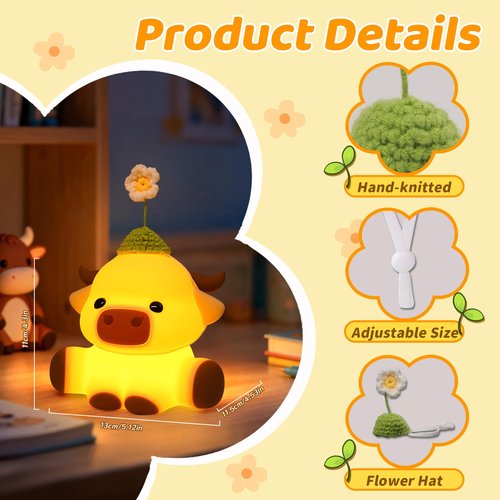 Attivolife Highland Cow Night Light for Kids, Flower Cow Cute Animal Gift Soft Silicone LED Lamp with Dimmable and Timer, Bedroom Bedside Table Decor, Birthday Christmas Gifts for Children Baby