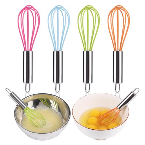 BAEKZ Multi-Color Mini Silicone Kitchen Whisks with Stainless Steel Handles Milk Beater Egg Beater Balloon Whisk for Blending Stirring Whisking and Beating(6.2in, Four colorsl, 8)