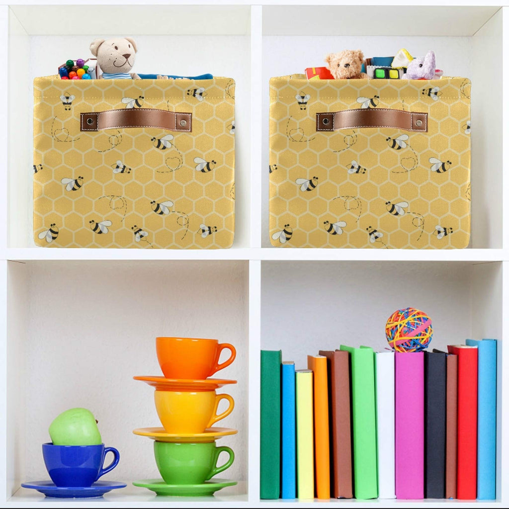 Cute Animal Bee Square Storage Basket Bin Canvas Fabric Compressible Organizer Basket with Handle for Bedroom Nursery Office, 1PCS
