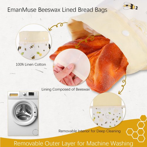 Removable Beeswax Bread Bags for Sourdough & Homemade Bread - Detachable Liner for Easy Cleaning & Drying | 2 Pack XL Reusable | Eco Cotton/Linen Storage
