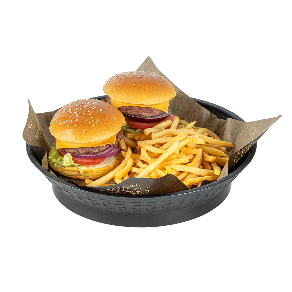 Restaurantware Round Serving Baskets 10 Pack of 12.01 x 2.36 Inch with Base Drainage Slots Microwavable Dishwashable Stackable Plastic Black Food Serving Trays for Restaurants and Catering