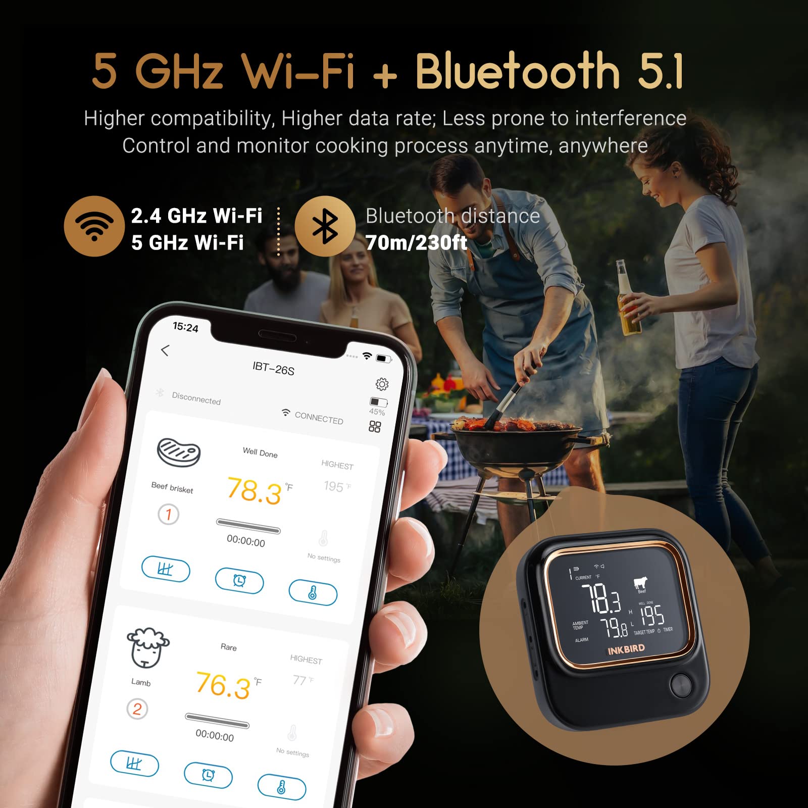 INKBIRD IBT-26S Bluetooth Wi-Fi BBQ Thermometer, with 4 Food-Grade Probes, APP Control, USDA Meat Presets, Temperature Alarm and Timer, Backlit LCD with Adjustable Brightness