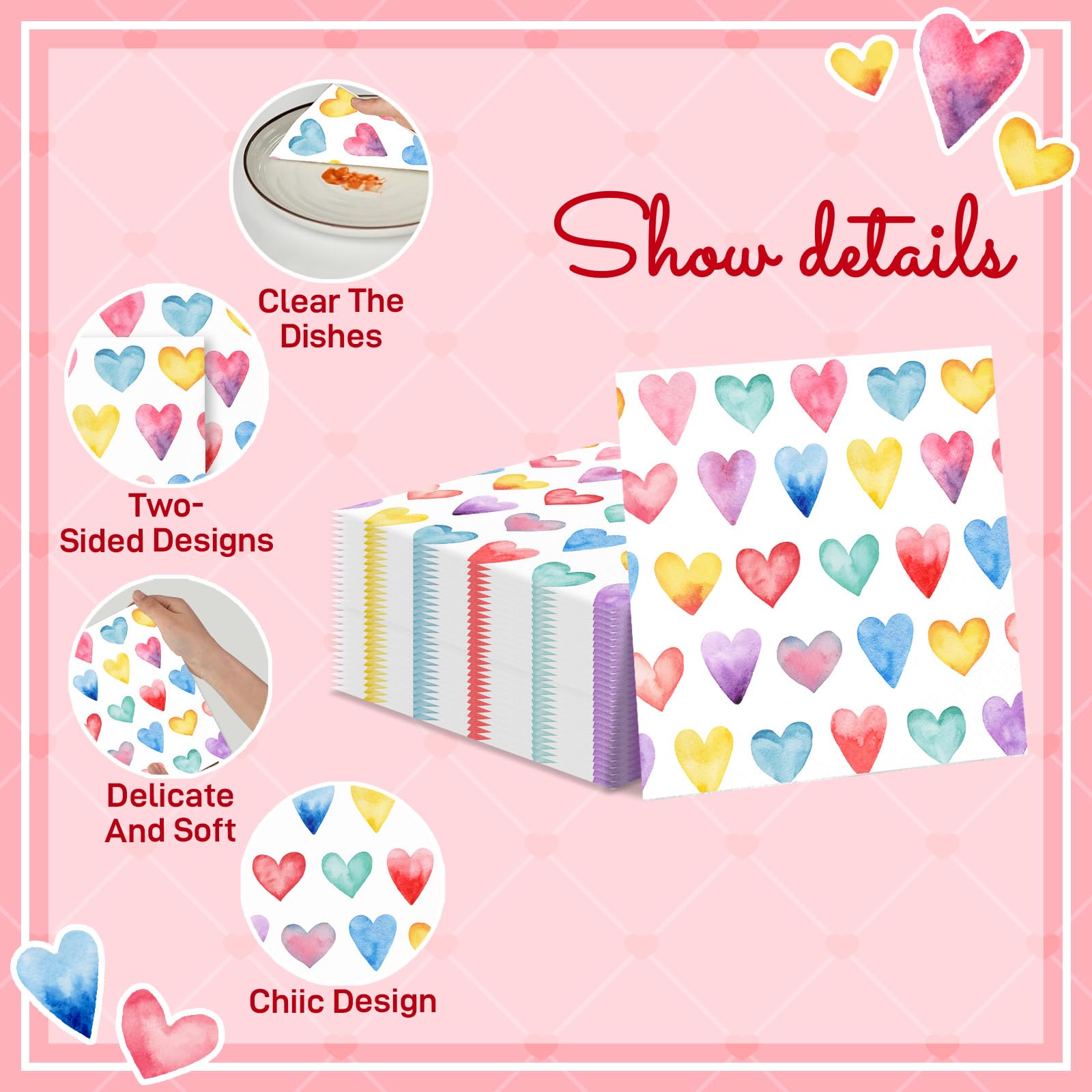 50pcs Valentine's Day Paper Napkins, Heart Disposable Napkins, Colorful Decorative Guest Towels for Bathroom, Kitchen, Party Supplies (Birthday, Wedding, Holiday)