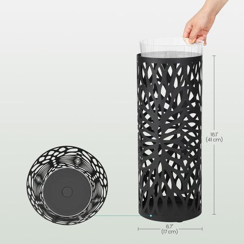 SONGMICS Umbrella Stand, Umbrella Holder for Entryway, Steel Round Umbrella Rack Freestanding, for Canes Walking Sticks, with a Detachable Drip Tray, 2 Long and 2 Short Hooks, Matte Black ULUC022B01