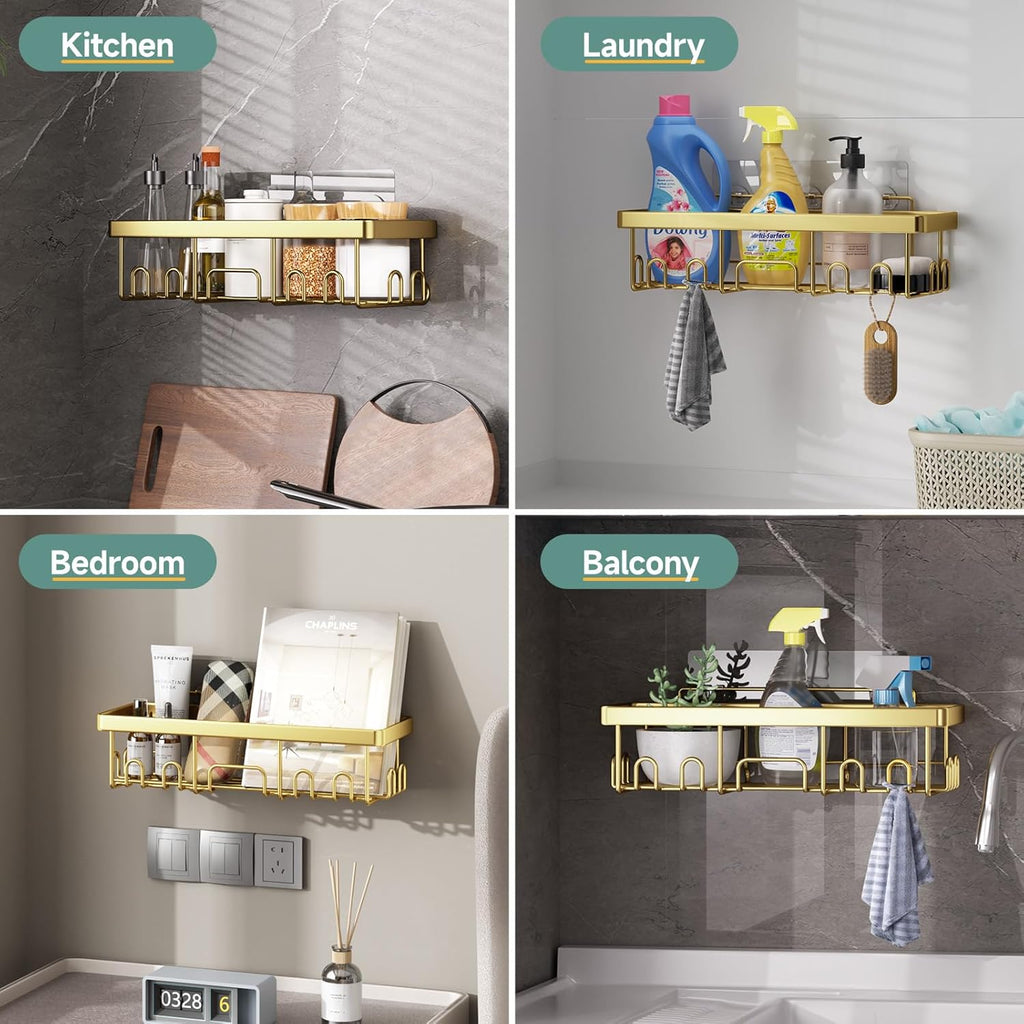Veken Adhesive Shower Caddy - Heavy-Duty Wall-Mounted Organizer with Soap Dish & Toothbrush Holder | Gold 5-Pack