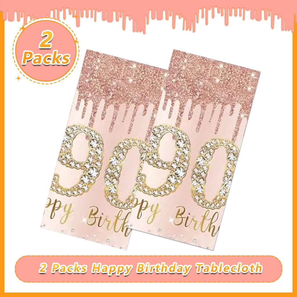 Poqirzan 2PCS Pink Rose Gold 90th Birthday Tablecloth 90th Birthday Table Cover Party Supplies Happy 90st Party Decorations for Women Plastic Disposable Gathering Table Cloth (54"x108")