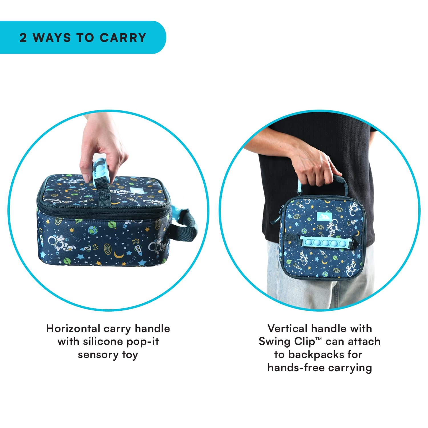 Arctic Zone Kids Lunch Box Combo with Gel Ice Pack and Sandwich Container, Insulated Bag for Travel Lunch, Sensory Fidget Toy Handle, Space Odyssey