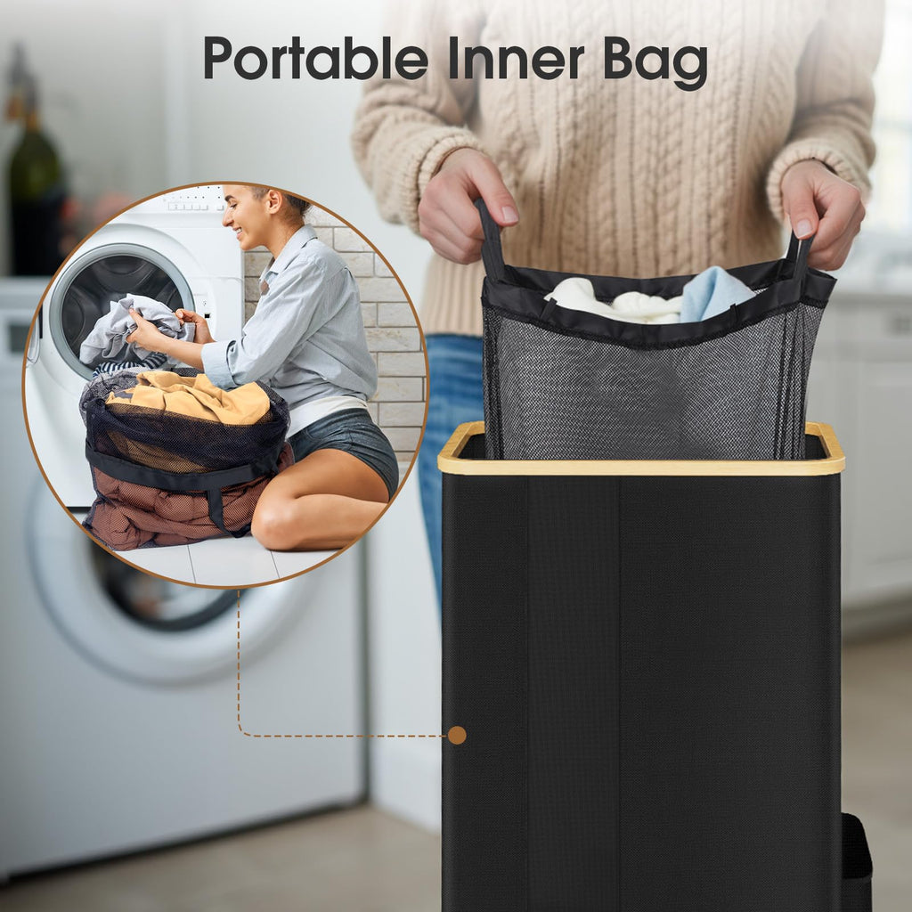 SpaceTrove Laundry Basket Clothes Hamper with Lid and Removable Bag Large Collapsible Laundry Baskets with Handle, Freestanding Hampers for Bedroom Aesthetic, Dorm, Bathroom, Laundry Room 100L (Black)