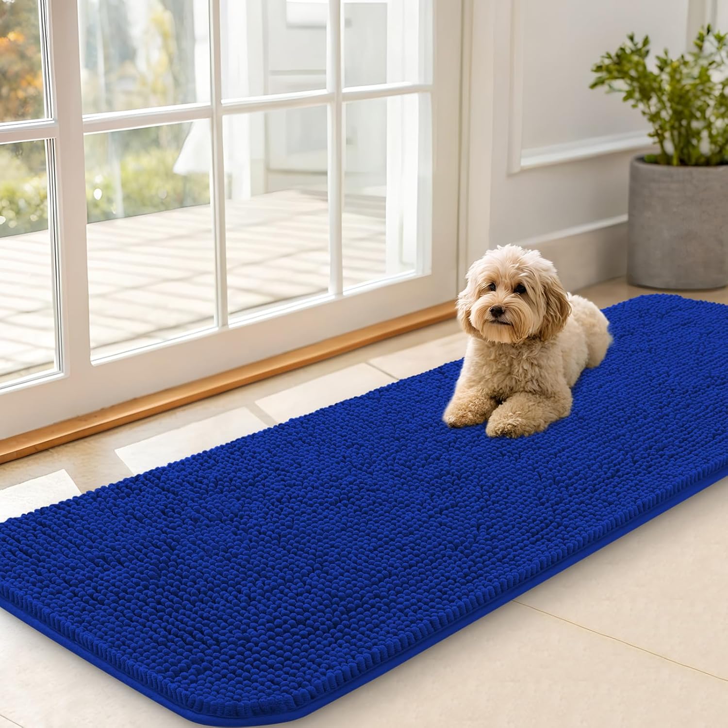 OLANLY Dog Door Mat - Absorbent Non-Slip Washable Doormat for Muddy Paws | 59x20 Royal Blue