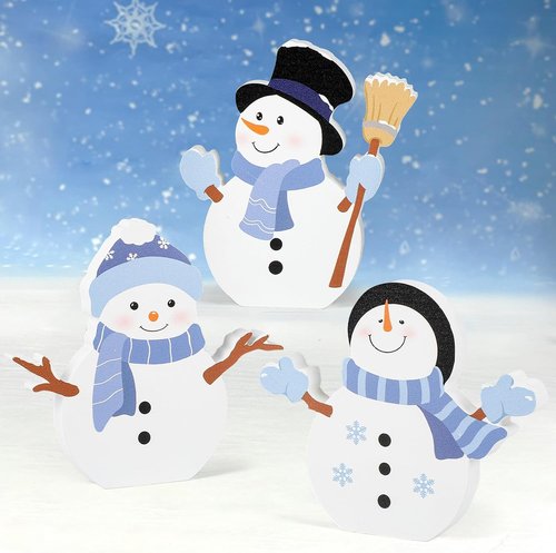 COCHIE Snowman Christmas Decorations - Cute Winter Tiered Tray Decor Set of 3 | Wooden Xmas Table Blocks
