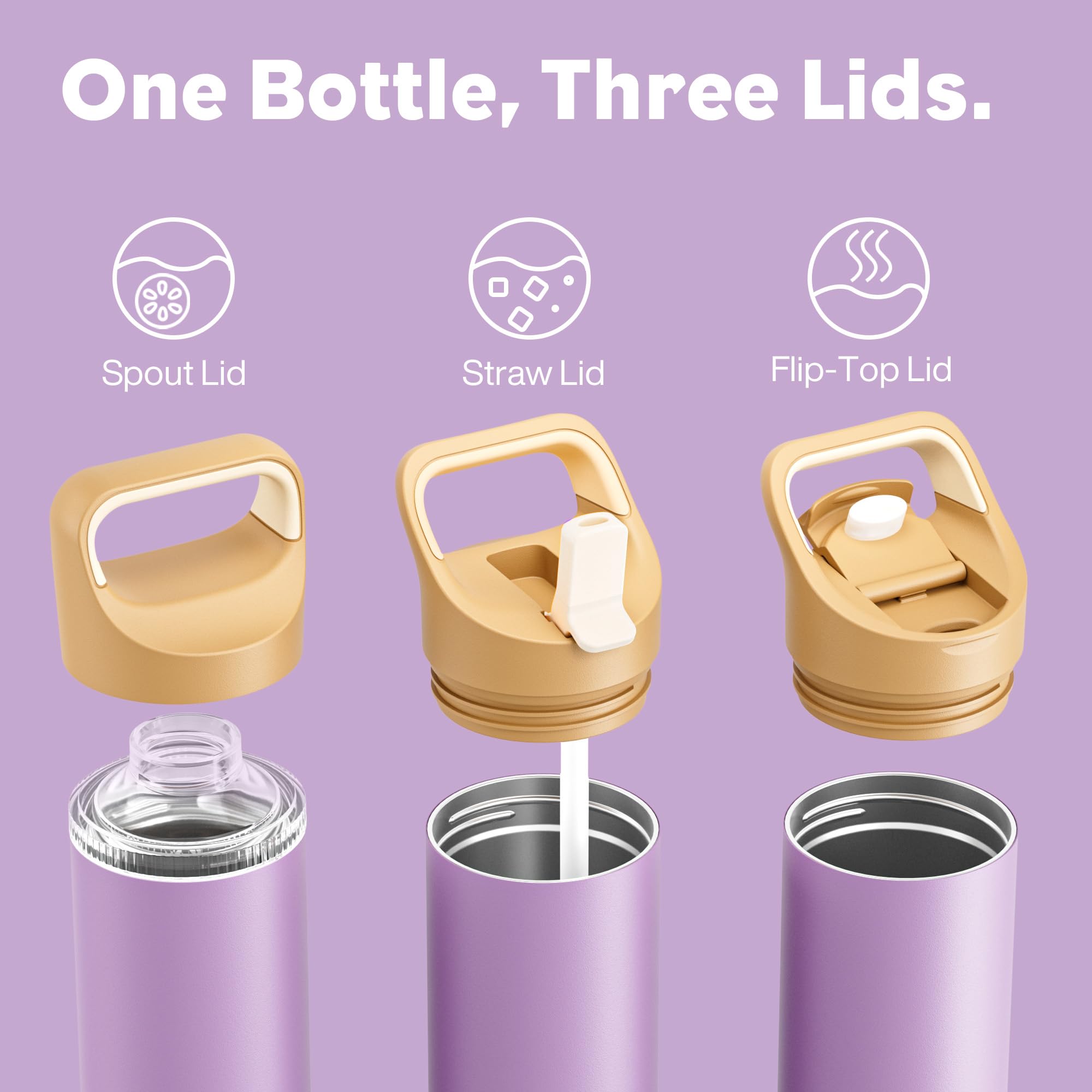 24 oz Insulated Water Bottle for Hiking: 3 Lids, Leakproof, Keep Cold 24H, Car Cupholder Friendly, Stainless Steel Water Flask with Straw and Spout Caps for Sports, Gym, School Cycling (Vintage Lilac)